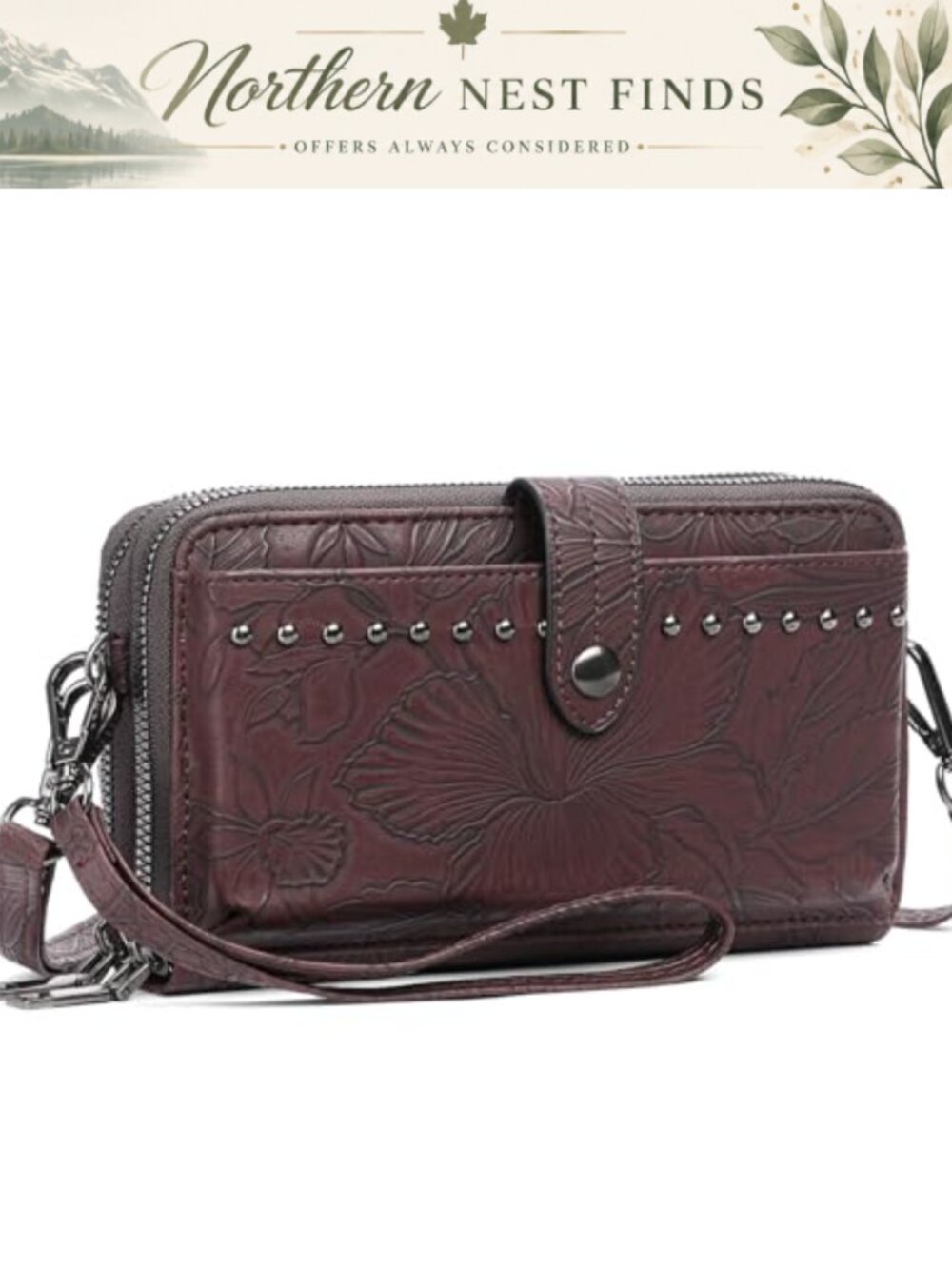 Vegan Leather Wristlet Crossbody Phone Purse Double Zipper Clutch